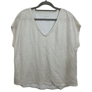 Majestic Filatures Linen Tee Gold Metallic Striped Short Sleeve V-neck XS Boho